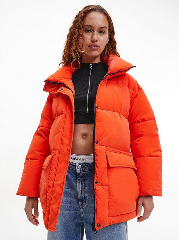 Calvin Klein USA Soft Touch Belted Puffer Womens Jacket Orange 8372091-VR